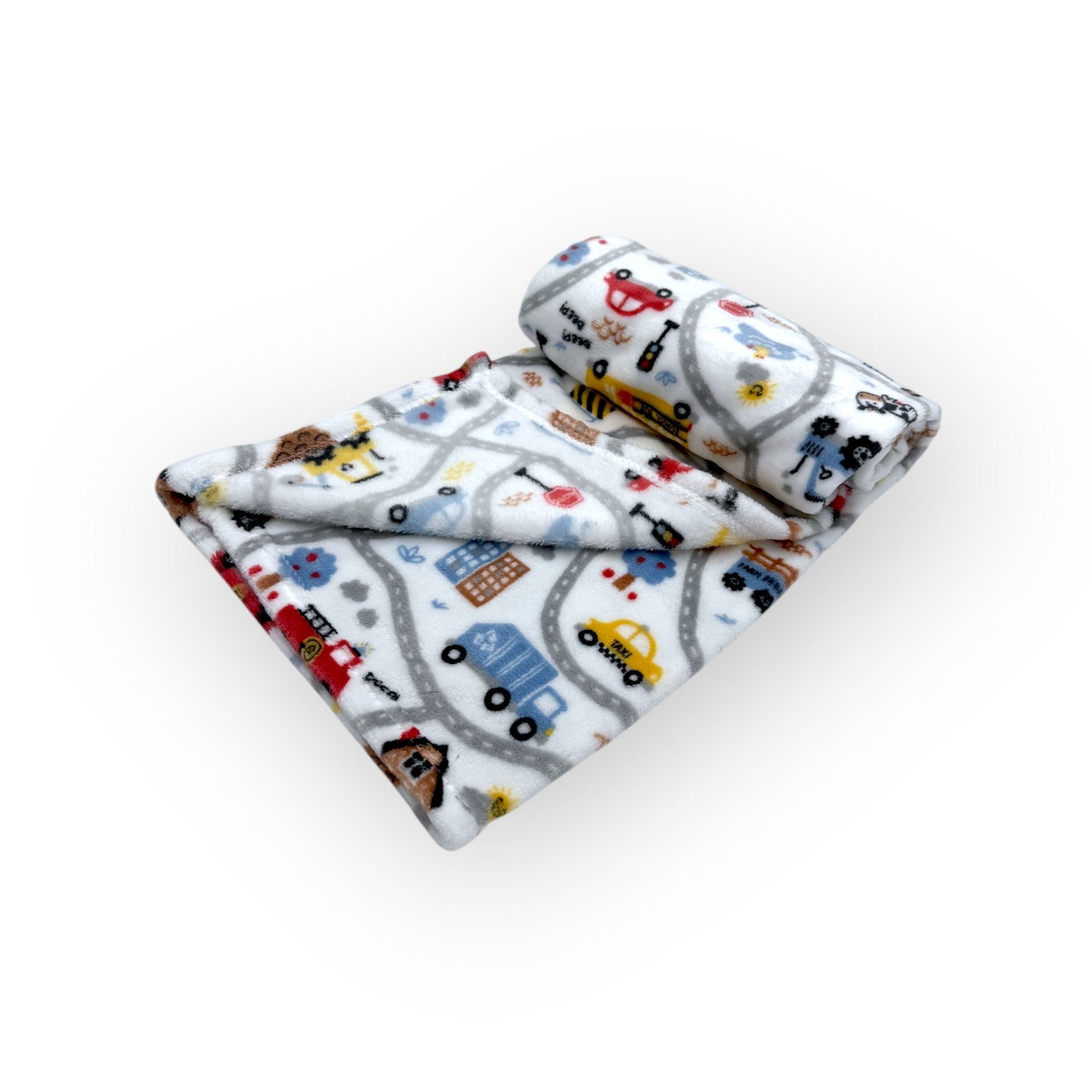 Children's bedding set with road and vehicle pattern on a white background