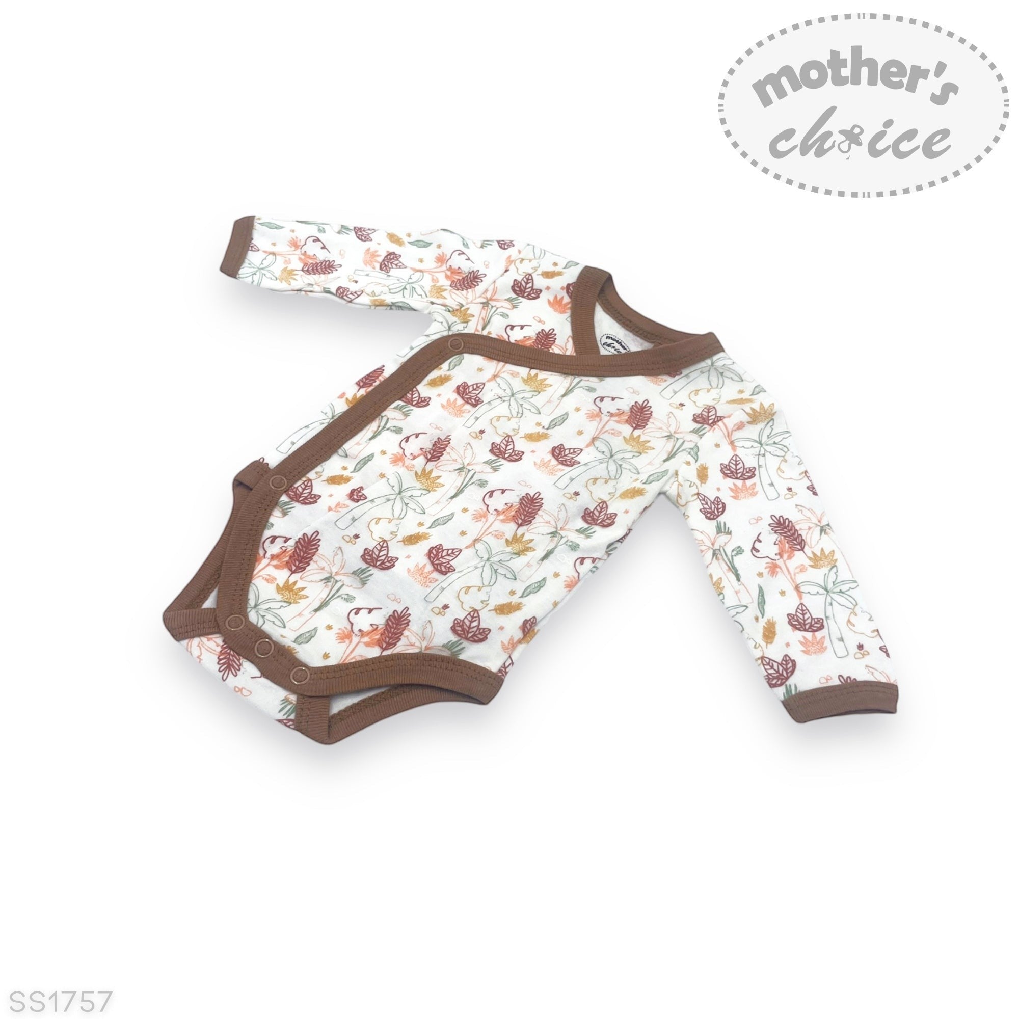 Baby onesie with floral pattern and brown accents on a white background, featuring 'Mother's Choice' branding.