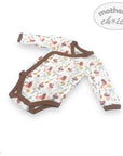 Baby onesie with floral pattern and brown accents on a white background, featuring 'Mother's Choice' branding.