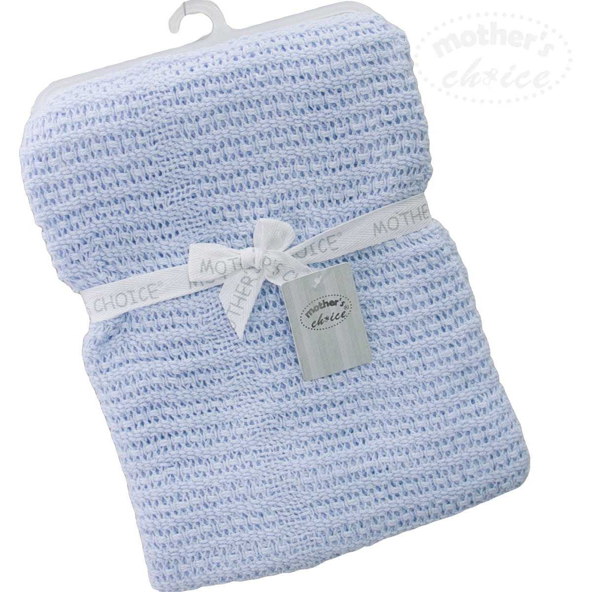 Blue knitted baby blanket with a tag on a white background