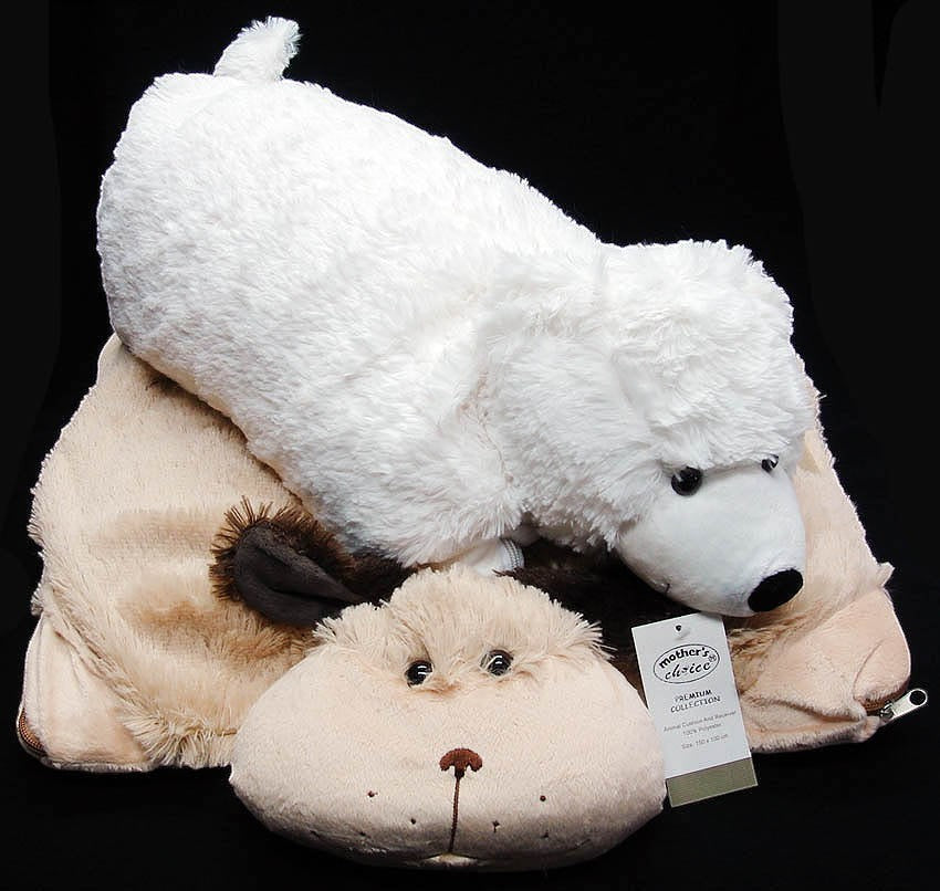 Two plush toys, a white polar bear and a beige beaver, on a black background with a visible brand tag.