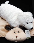 Two plush toys, a white polar bear and a beige beaver, on a black background with a visible brand tag.