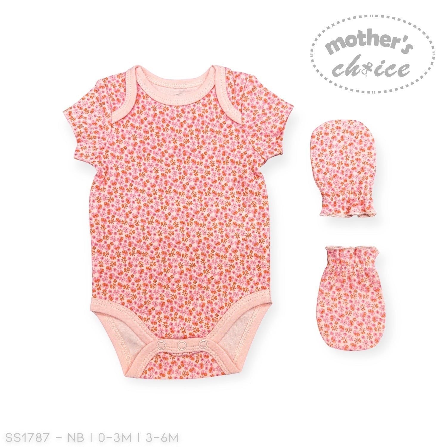 Baby bodysuit and mittens with floral pattern on a white background, featuring 'Mother's Choice' brand.
