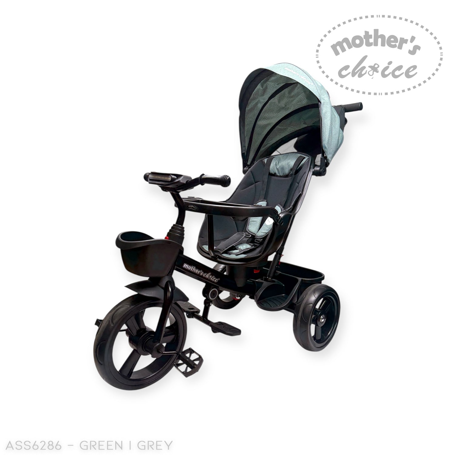 Black and gray baby tricycle with canopy on a white background, featuring 'Mother's Choice' branding.