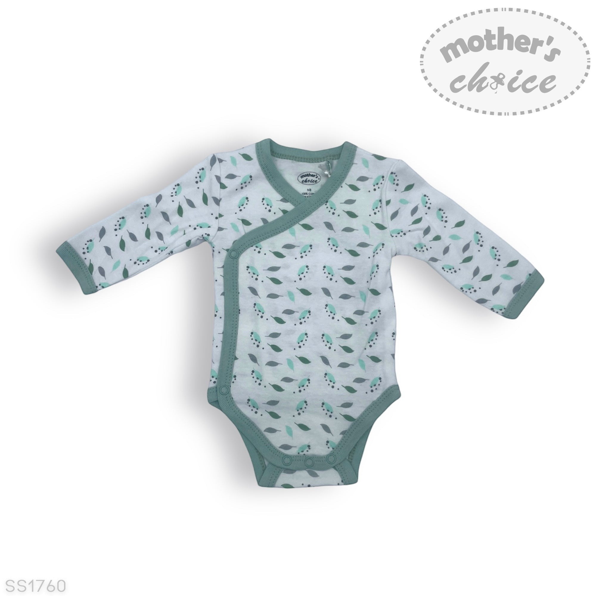 Baby bodysuit with leaf pattern on a white background, featuring 'mother's choice' branding.