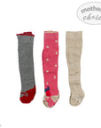 Three pairs of children's tights in gray, pink with star pattern, and beige on a white background.