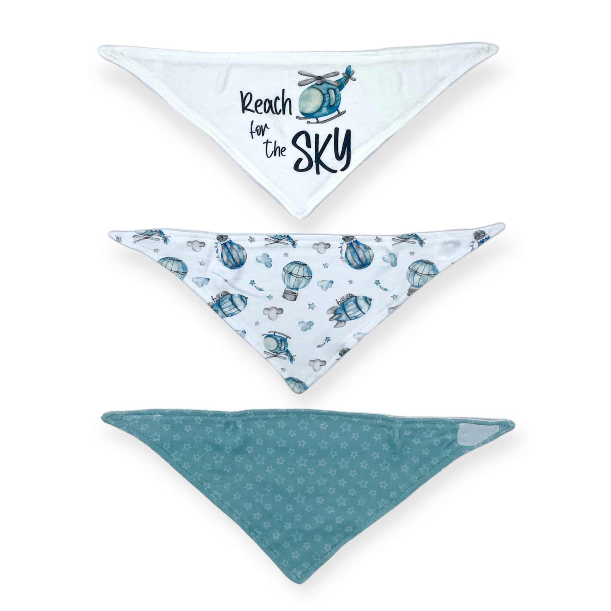 Three triangular bandanas with different designs on a white background