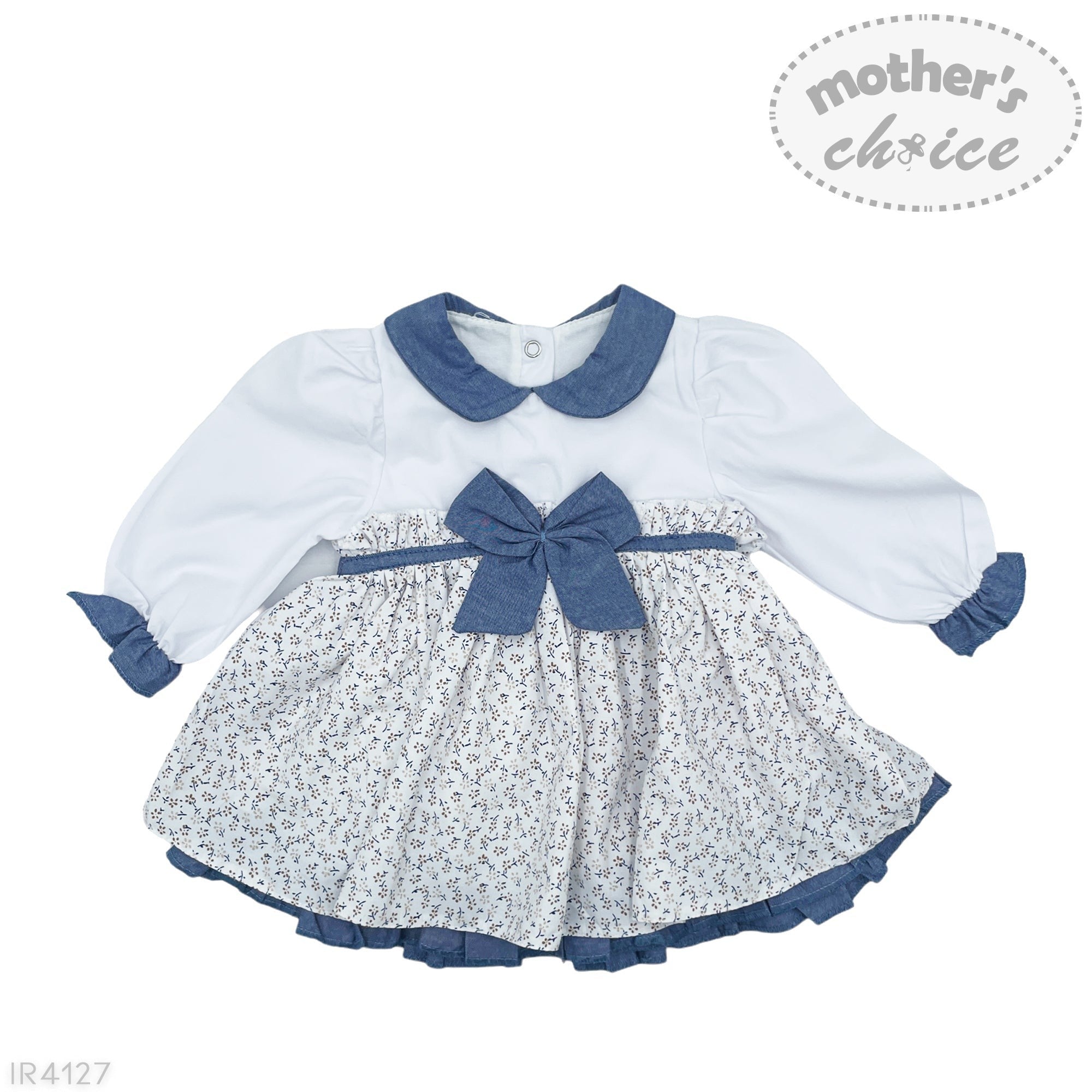 White dress with blue floral pattern and collar on a white background, featuring 'mother's choice' branding.