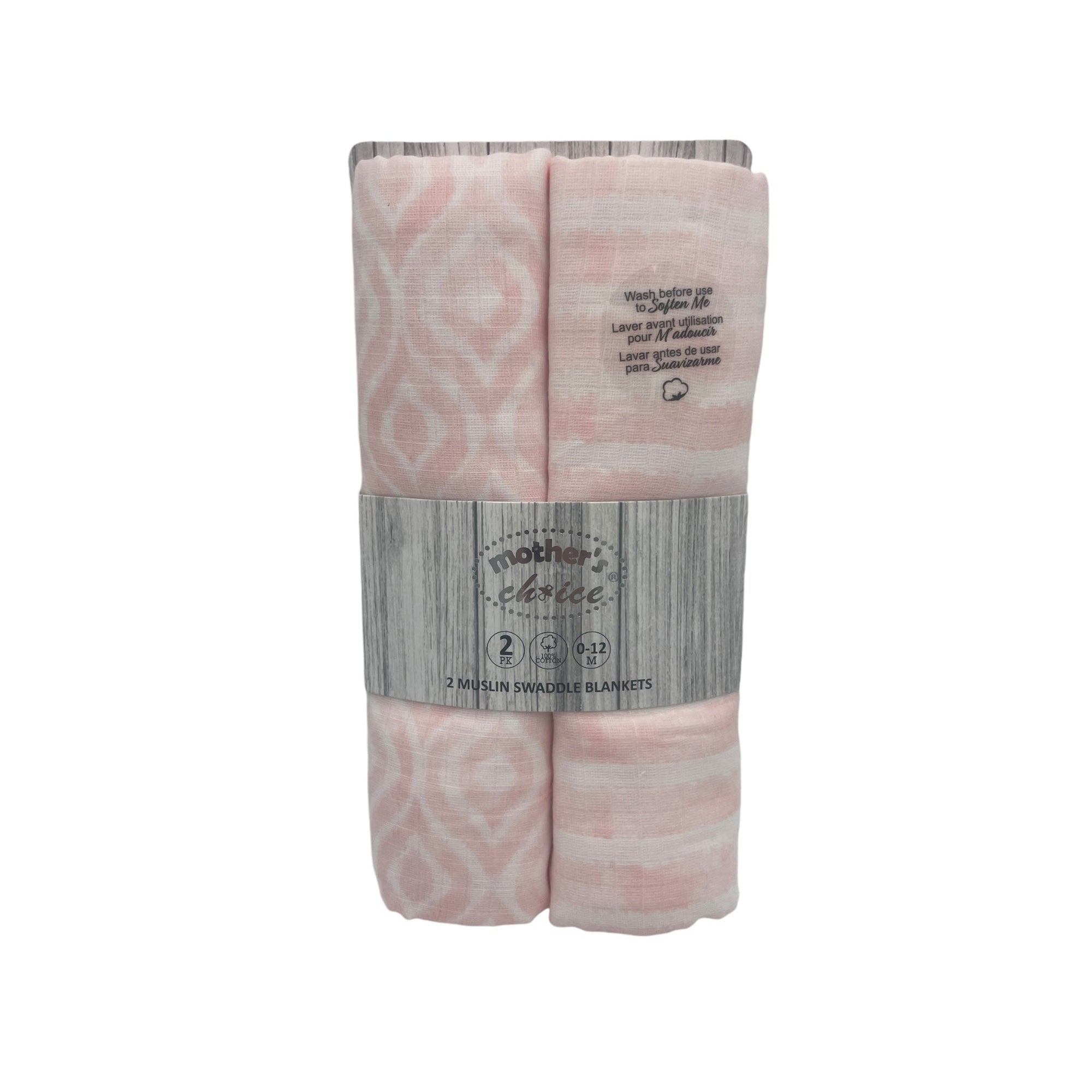 Two pink muslin swaddle blankets with a label on a white background