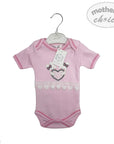 Pink baby bodysuit with lace details on a white background, featuring 'Mother's Choice' branding.