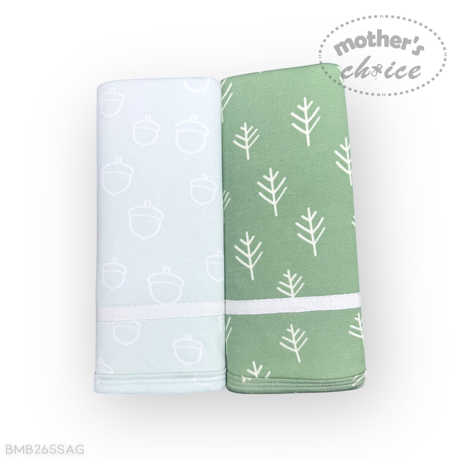 Two green baby blankets with leaf patterns on a white background, labeled 'Mother's Choice'.