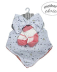Baby bloomers with pink and white socks and a bow on a 'Mother's Choice' branded hanger.