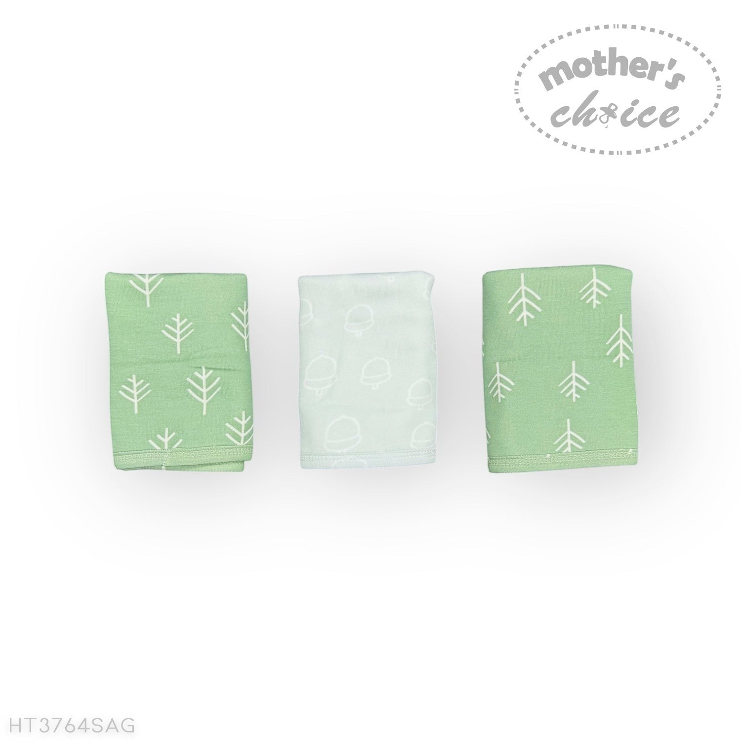 Three green fabric swaddles with white tree patterns on a white background, branded 'Mother's Choice'.
