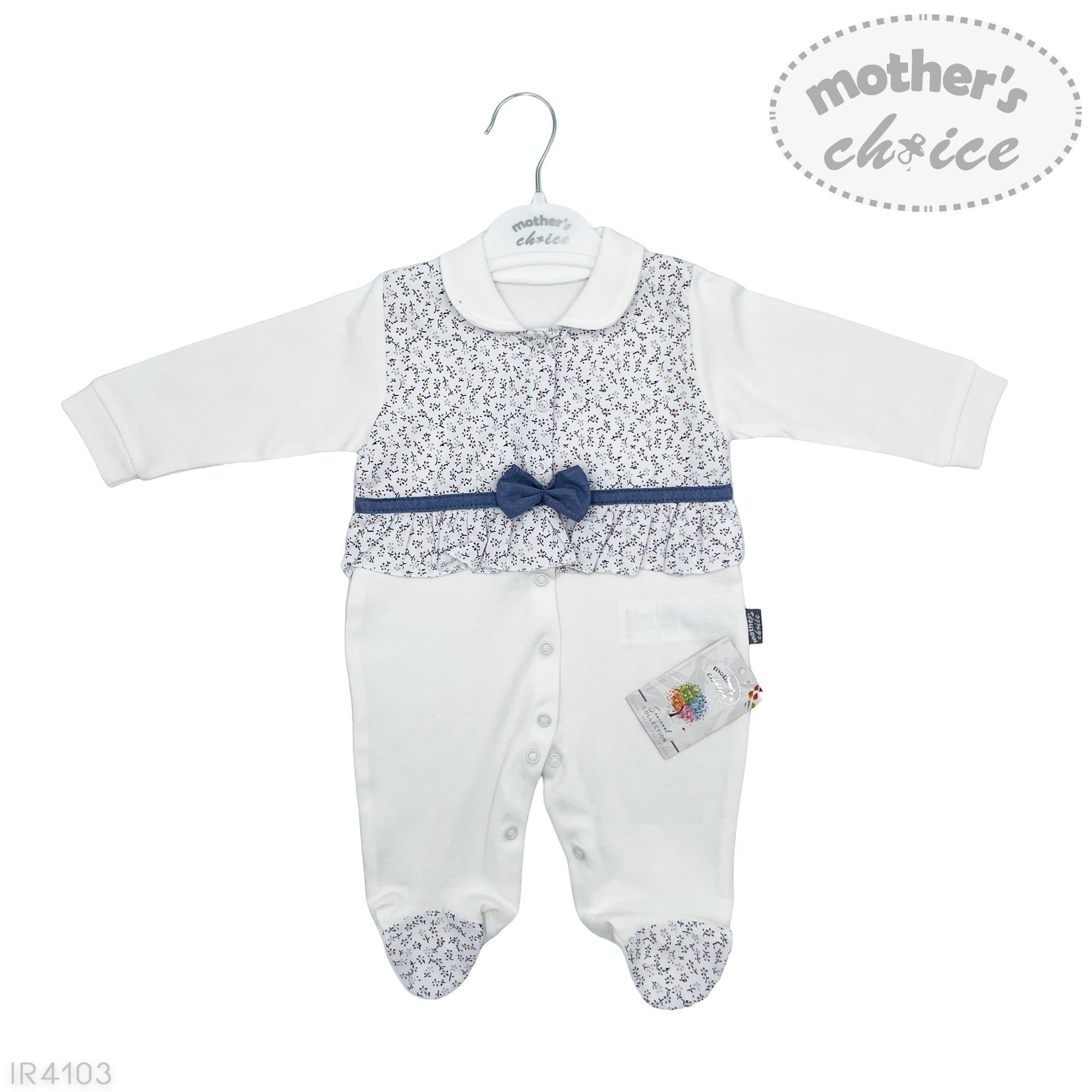 Baby romper with floral pattern and bow tie on a hanger, branded 'Mother's Choice'.