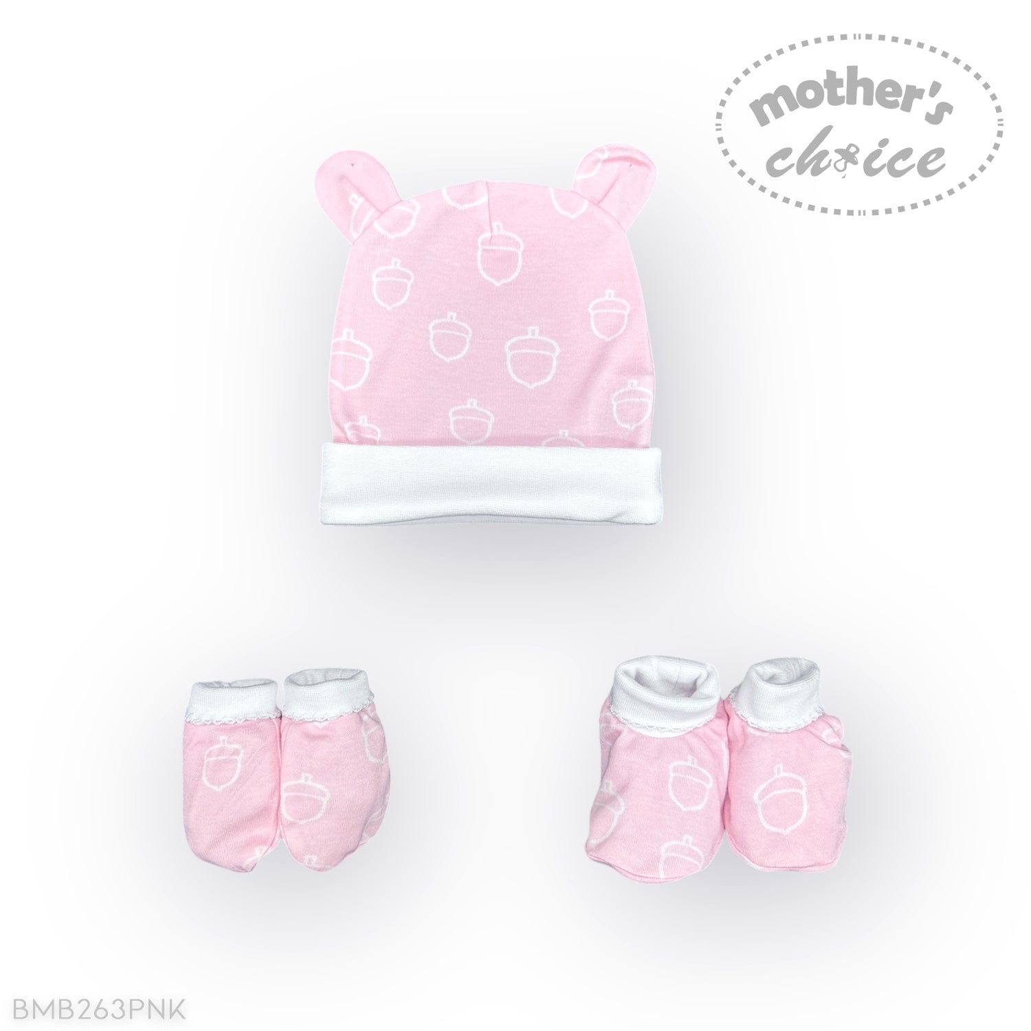 Baby hat and booties set with pink and white design on a white background, featuring 'Mother's Choice' brand.