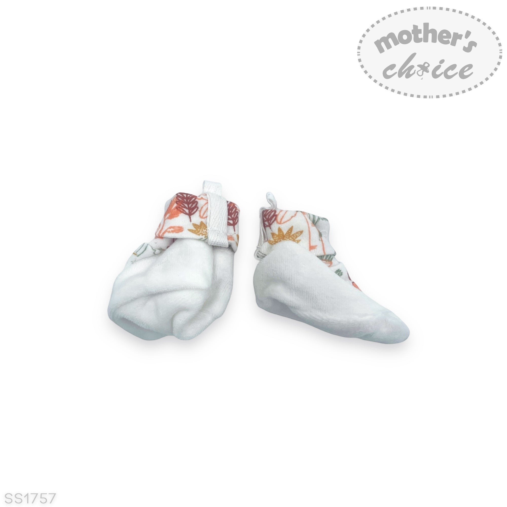 Pair of baby socks with floral cuffs on a white background, featuring 'Mother's Choice' branding.