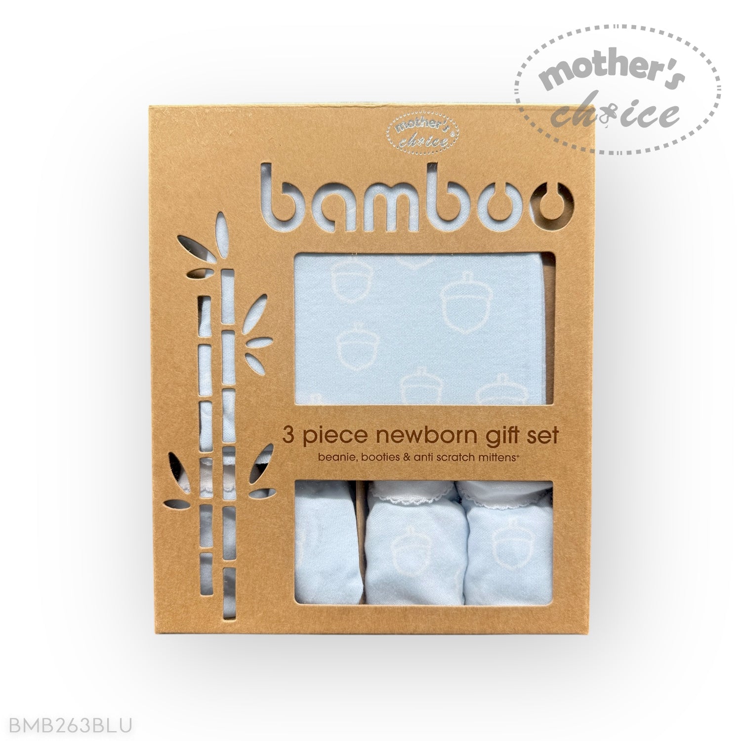 Bamboo newborn gift set packaging with baby clothes inside on a white background