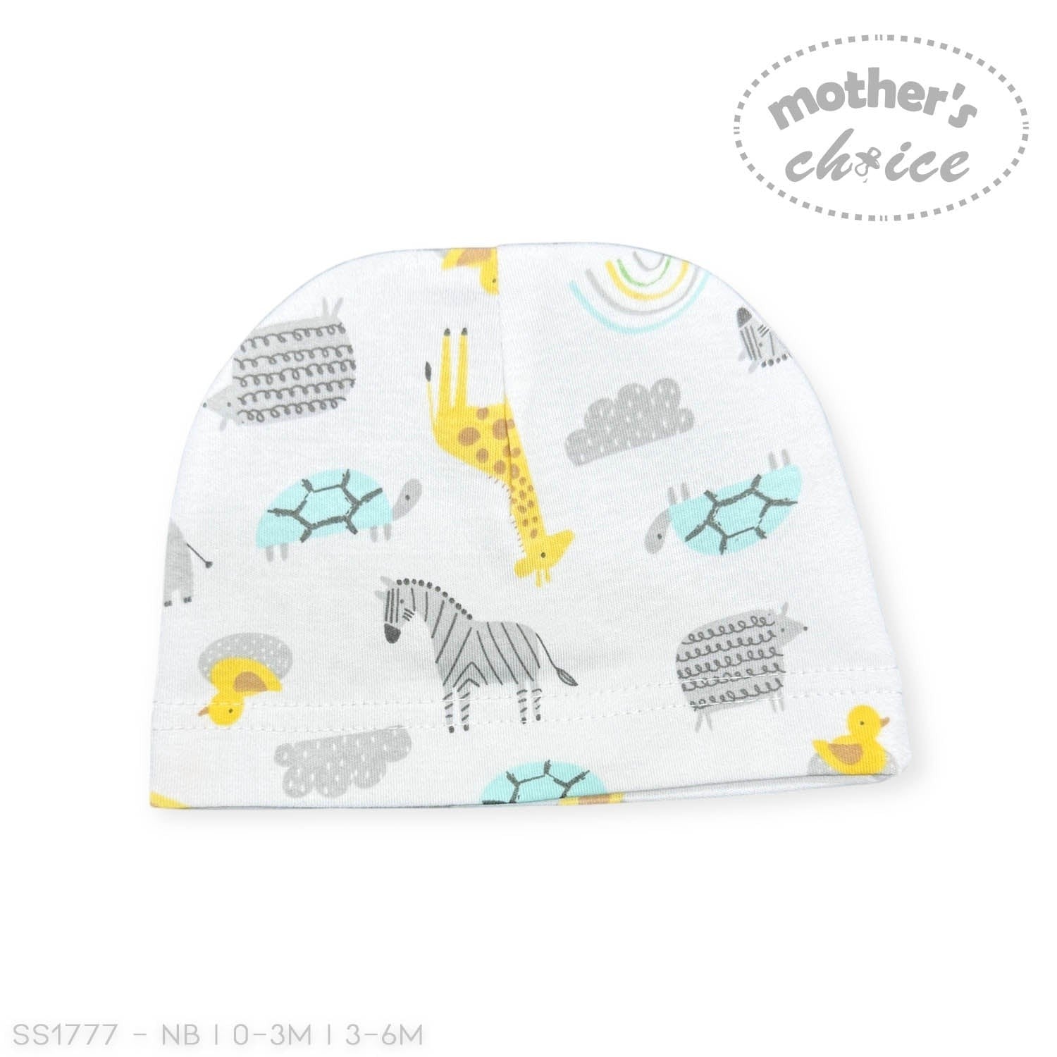 Baby hat with animal patterns on a white background, featuring 'Mother's Choice' branding.
