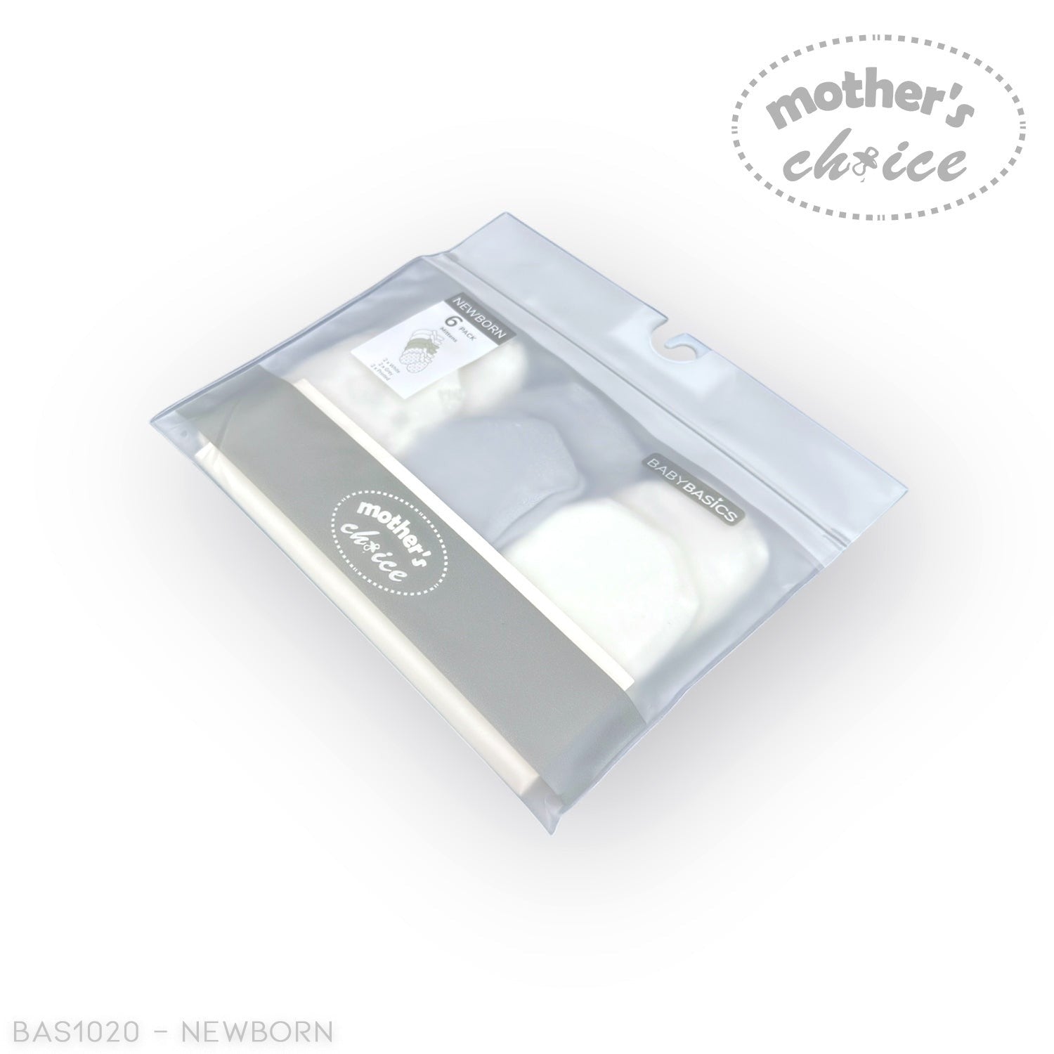 White baby booties in clear packaging with 'mother's choice' branding on a white background