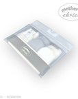 White baby booties in clear packaging with 'mother's choice' branding on a white background