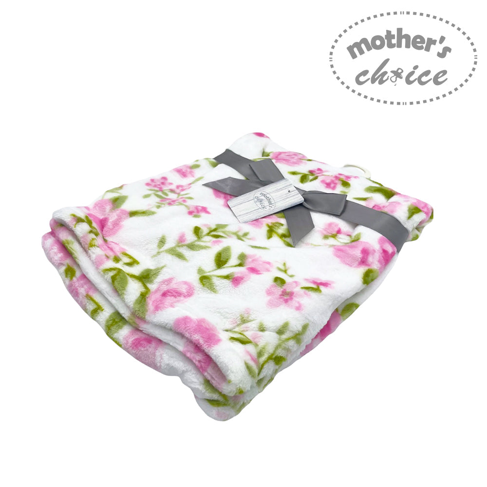 Floral blanket with a gray ribbon on a white background, branded 'Mother's Choice'.