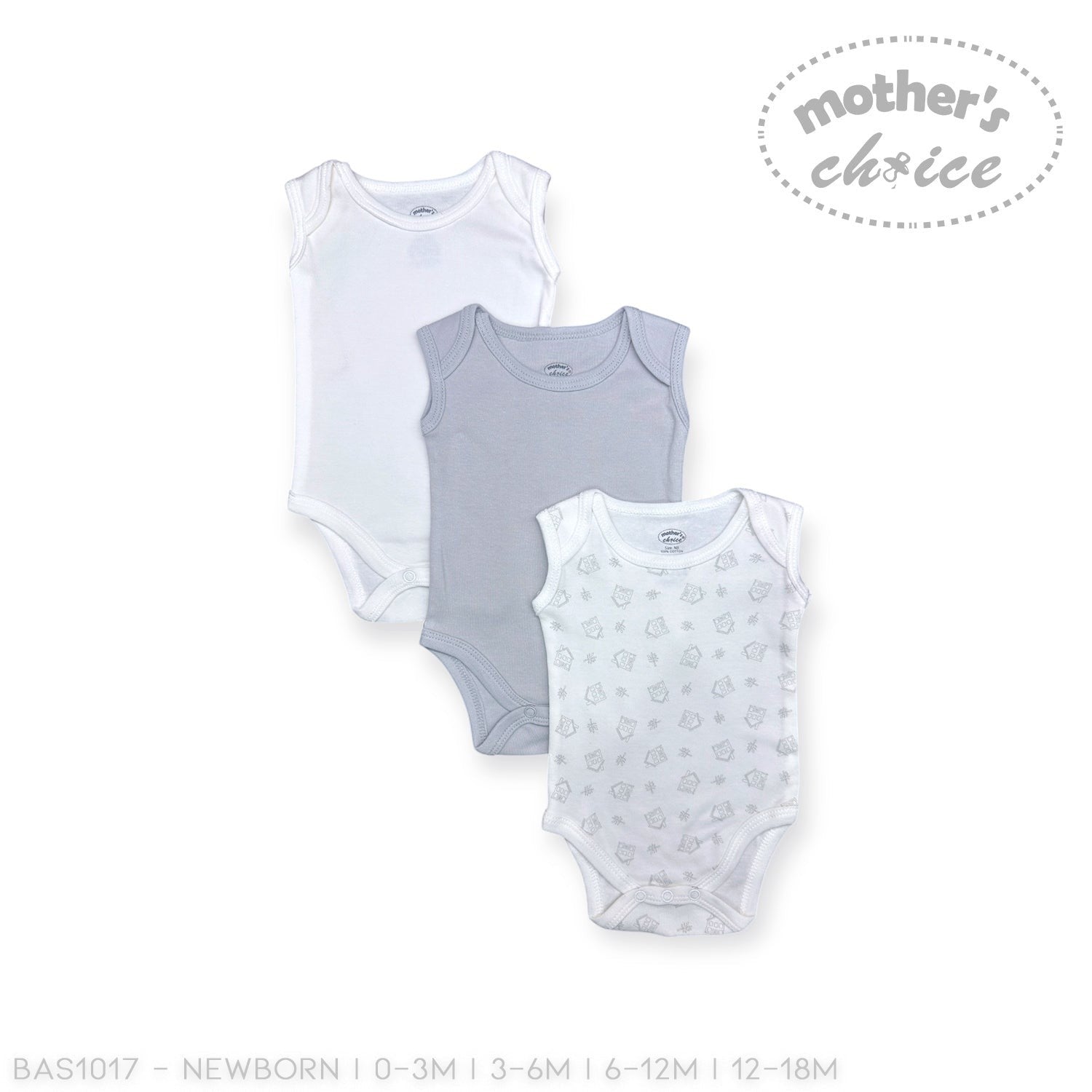 Three baby bodysuits in white, gray, and patterned designs on a white background with 'Mother's Choice' branding.