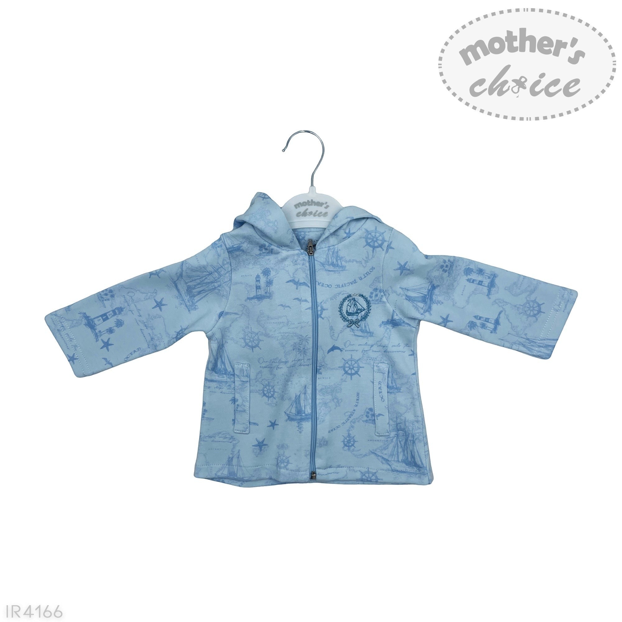 Blue children's jacket with a pattern on a white background, featuring 'Mother's Choice' branding.