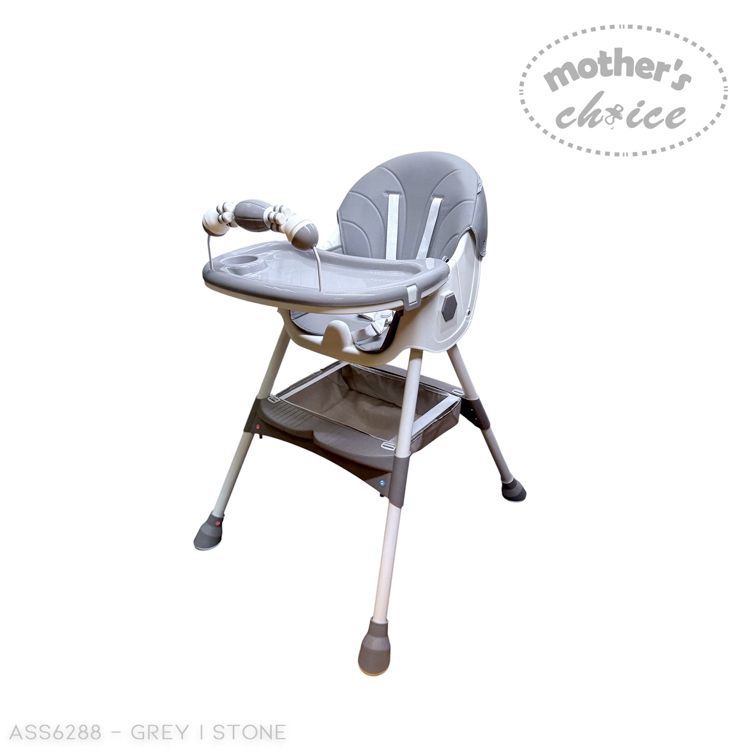 Gray high chair with 'Mother's Choice' branding on a white background