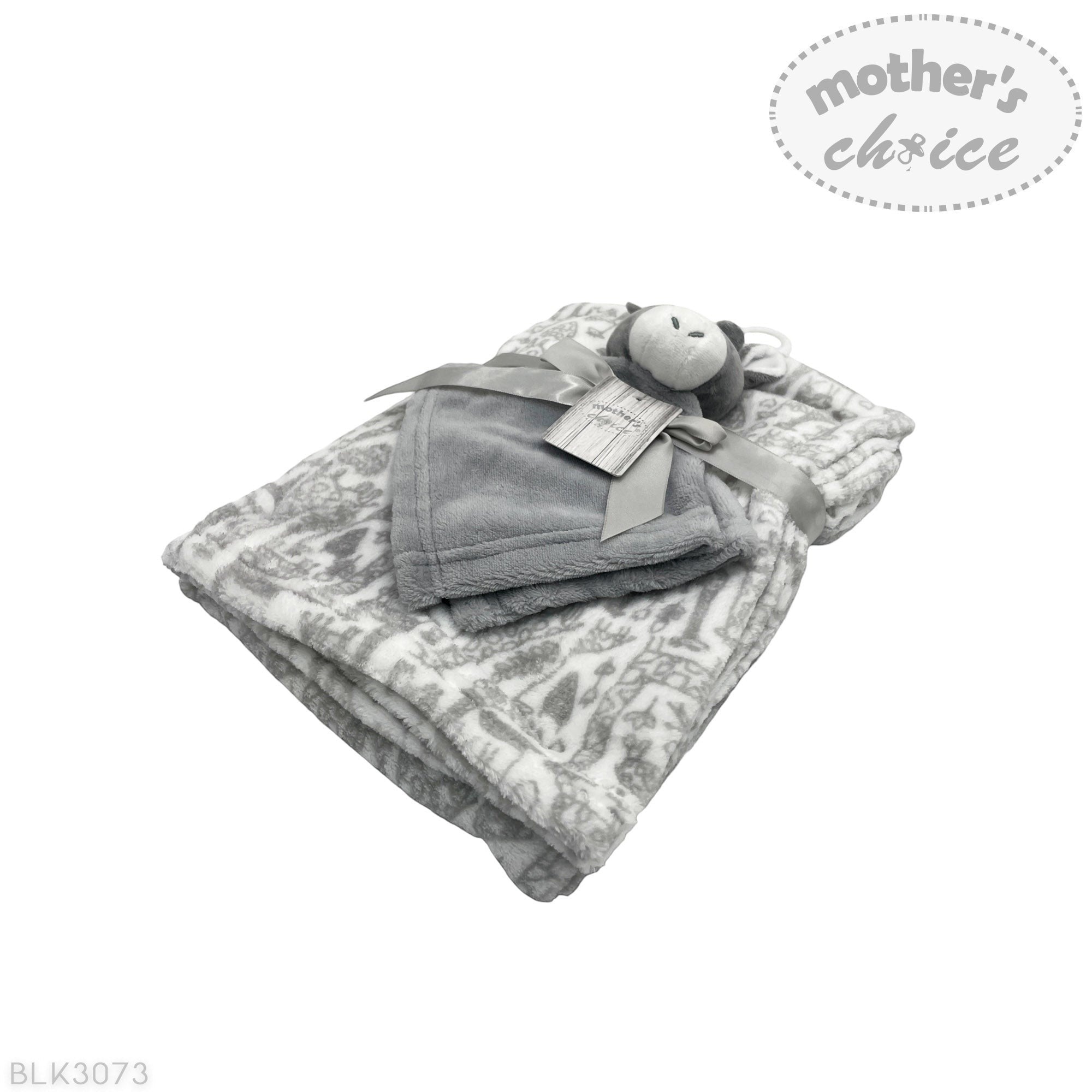 Baby blanket with plush toy on a white background, featuring 'Mother's Choice' branding.