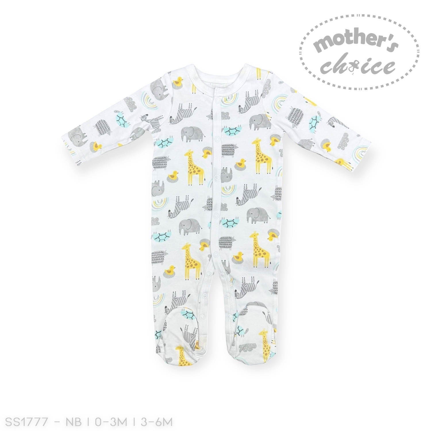 Baby onesie with animal pattern on a white background, featuring 'Mother's Choice' branding.