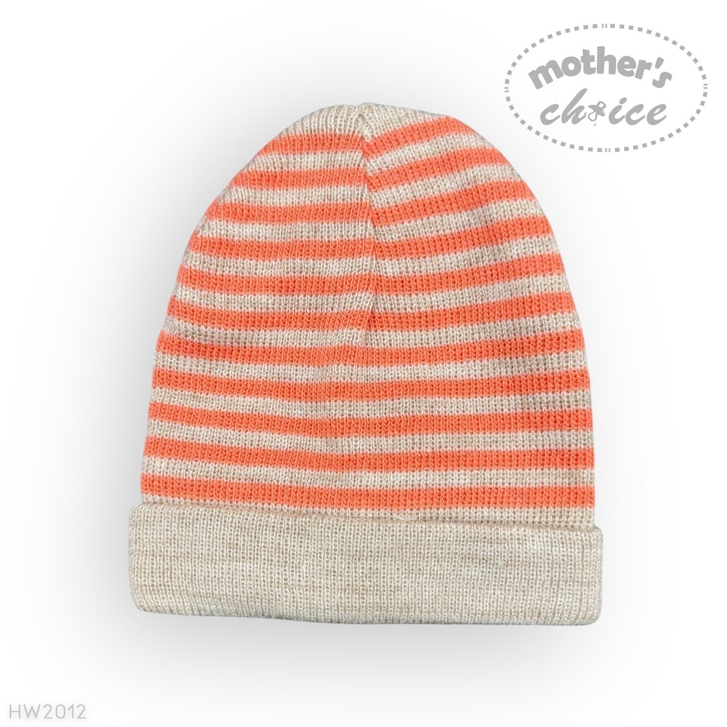 Striped beanie with orange and beige stripes on a white background, featuring 'mother's choice' branding.