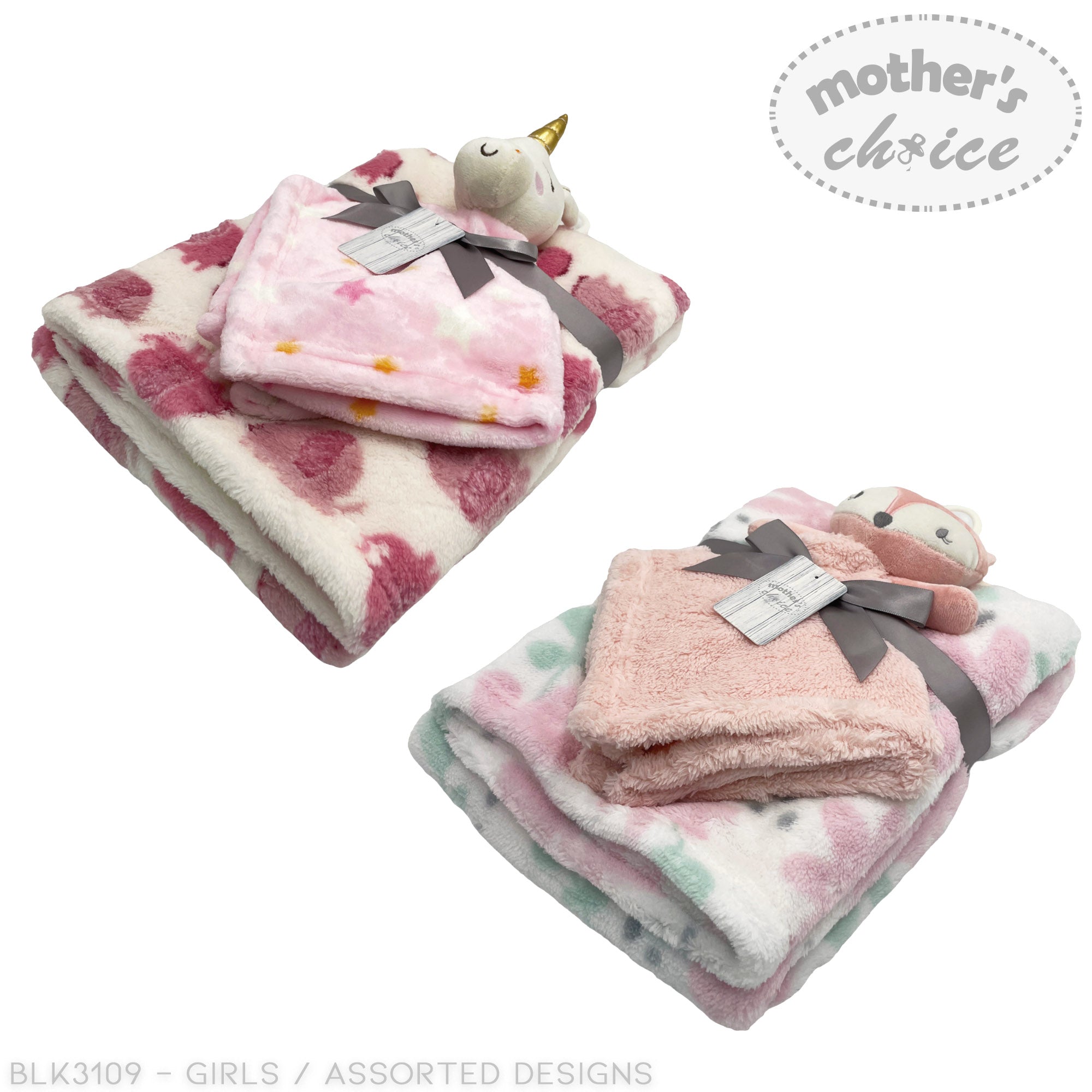 Two plush blankets with cartoon characters on a white background, featuring 'Mother's Choice' branding.