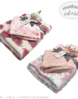 Two plush blankets with cartoon characters on a white background, featuring 'Mother's Choice' branding.