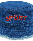 Blue denim bucket hat with 'SPORT' embroidered in red on a white background