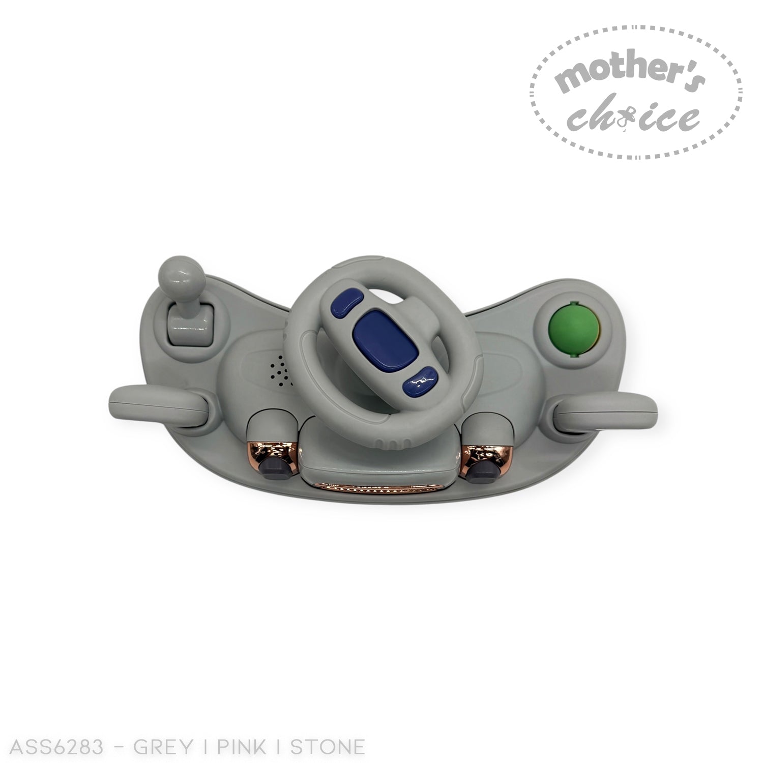 Children's toy steering wheel with buttons on a white background, branded 'Mother's Choice'.
