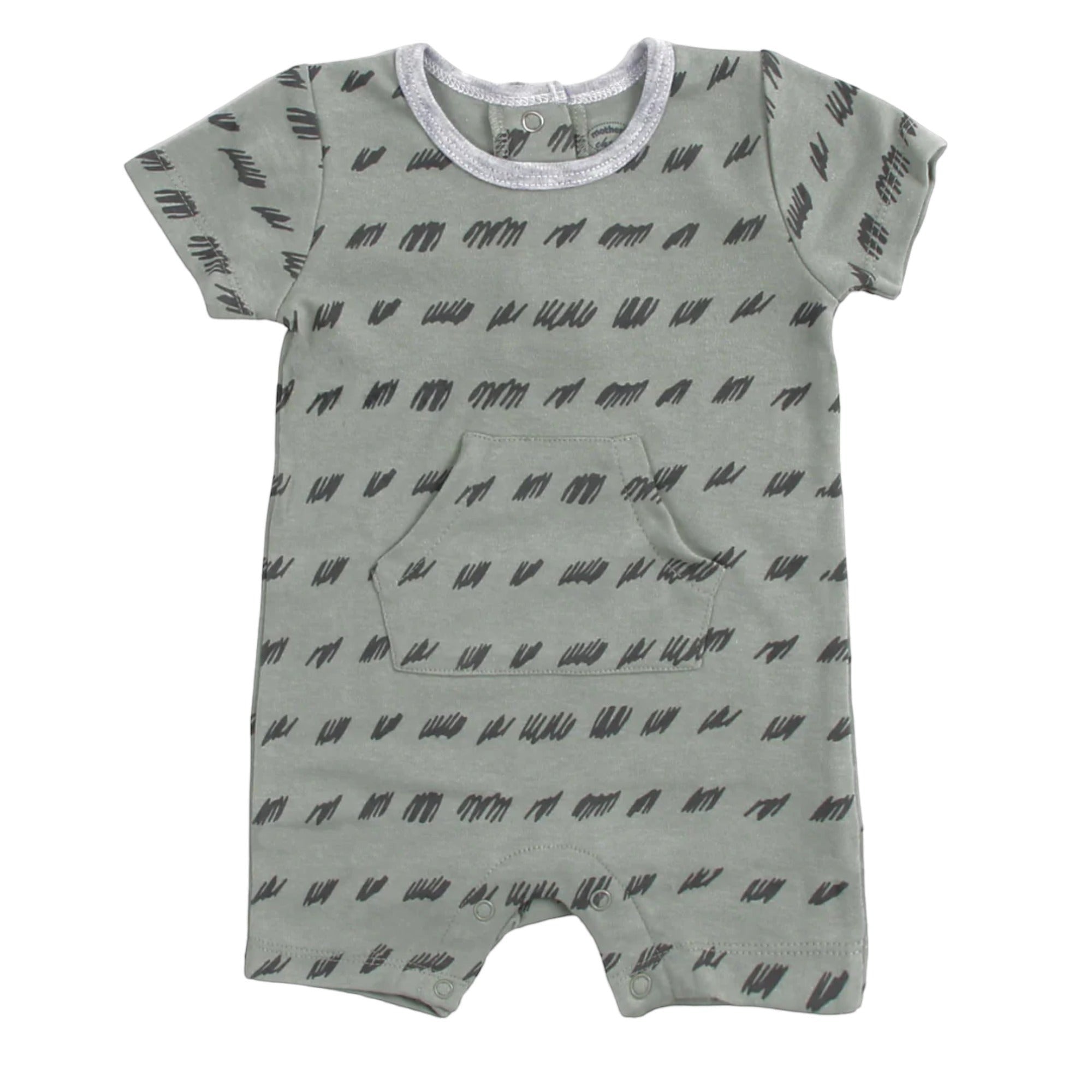 Gray baby romper with black pattern on a white background