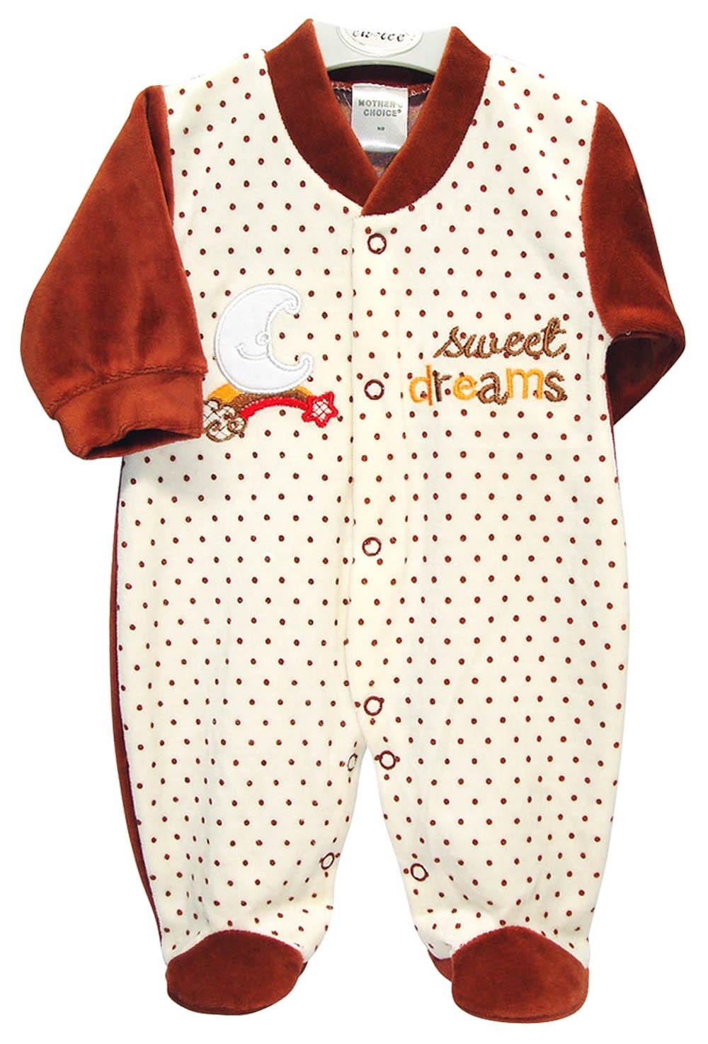 Baby onesie with polka dot pattern and 'sweet dreams' text on a white background