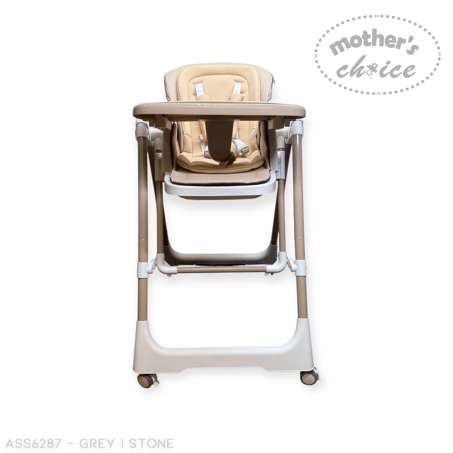 Beige and white high chair with 'Mother's Choice' branding on a white background