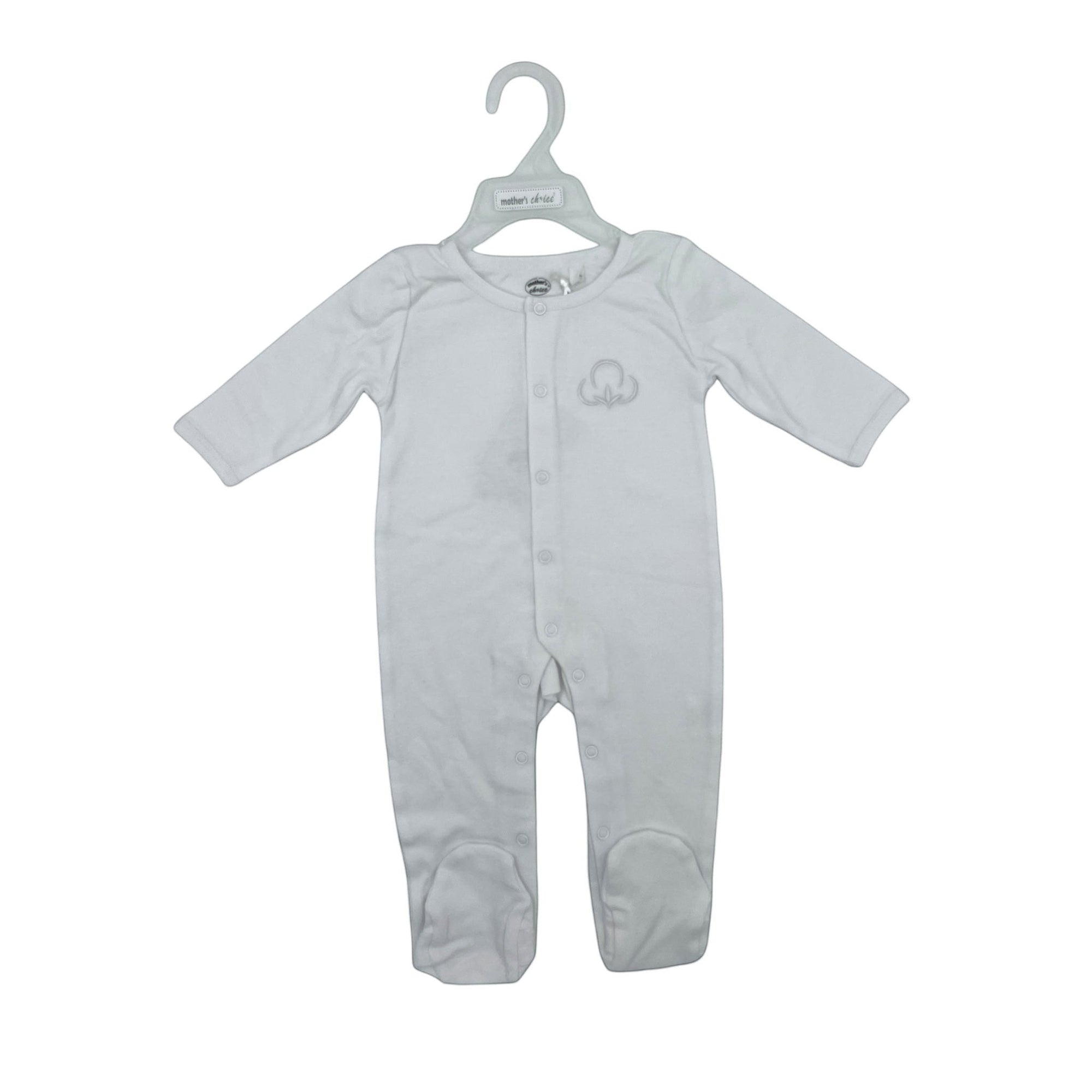 Gray baby onesie on a hanger with a white background