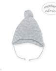 Gray knit baby hat with a pom-pom on a white background, branded 'Mother's Choice'.