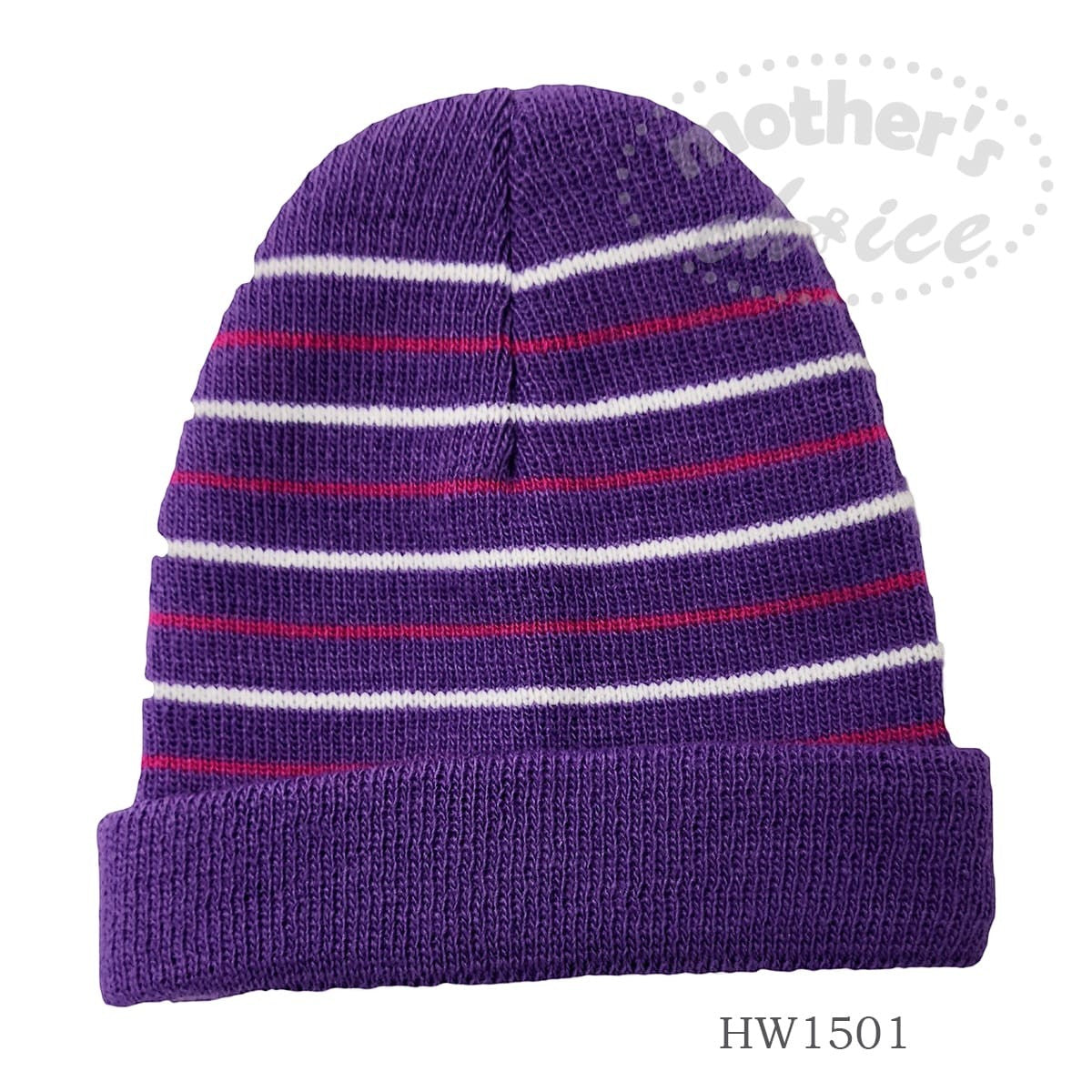 Purple knit beanie with white and red stripes on a white background