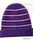 Purple knit beanie with white and red stripes on a white background