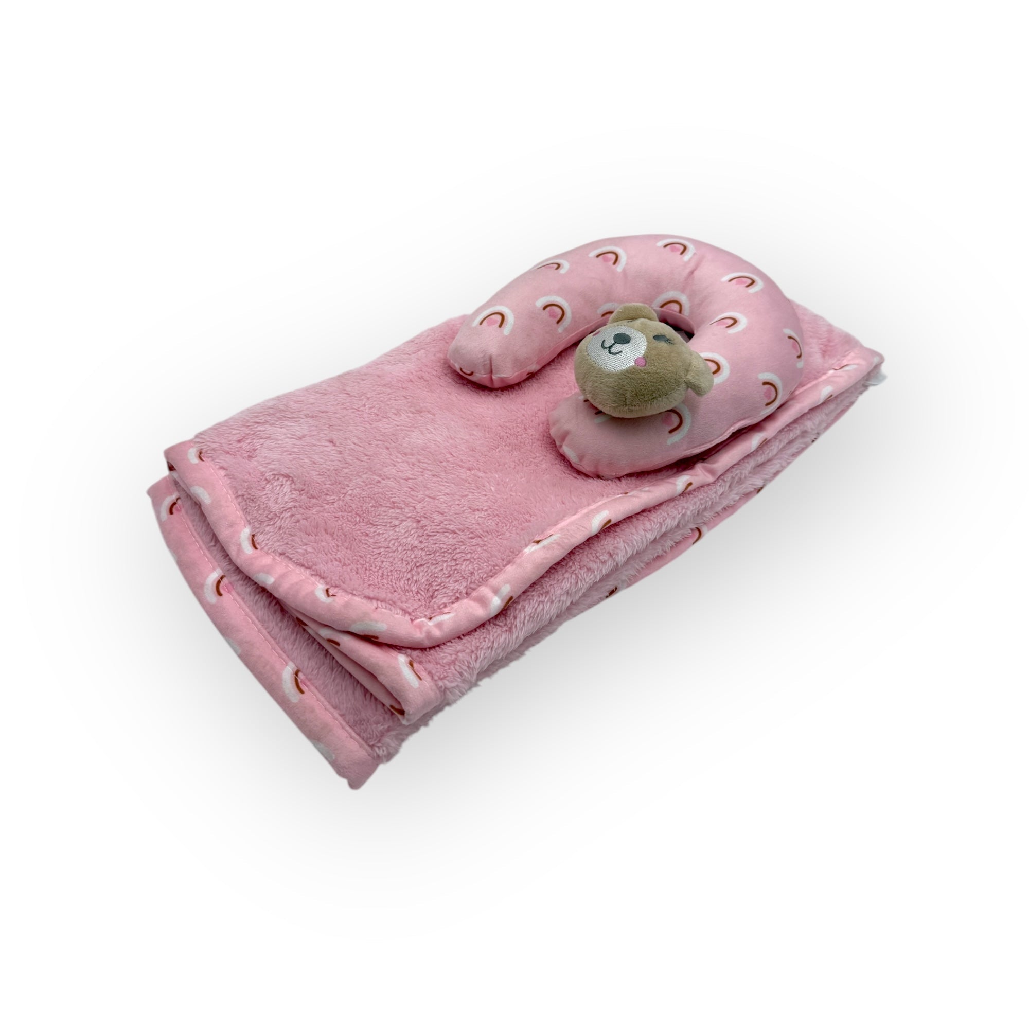 M/C SUPER SOFT CORAL FLEECE WITH PRINTED MINK BINDING BLANKET AND PILLOW SET GIRL&#39;S PINK BEAR