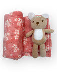 M/C PRINTED FLANNEL BLANKET WITH TOY SET GIRL'S PINK REINDEER