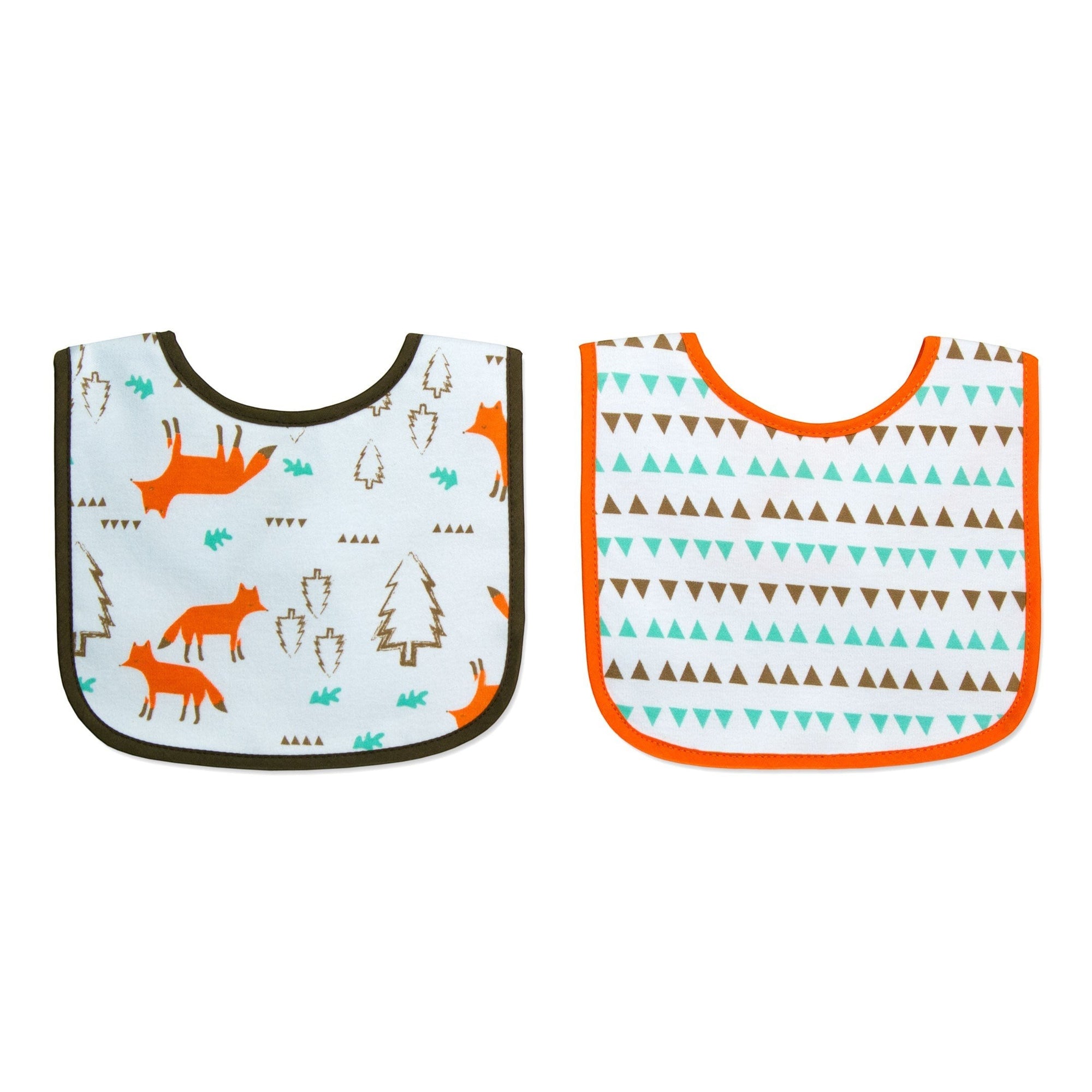 Two baby bibs with animal and geometric patterns on a white background
