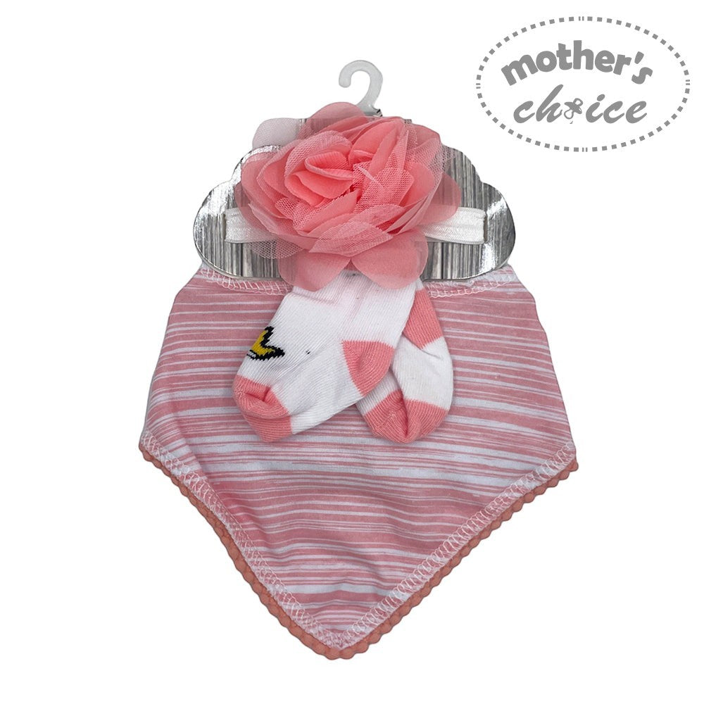 Baby bib, socks, and headband set with 'Mother's Choice' branding on a white background