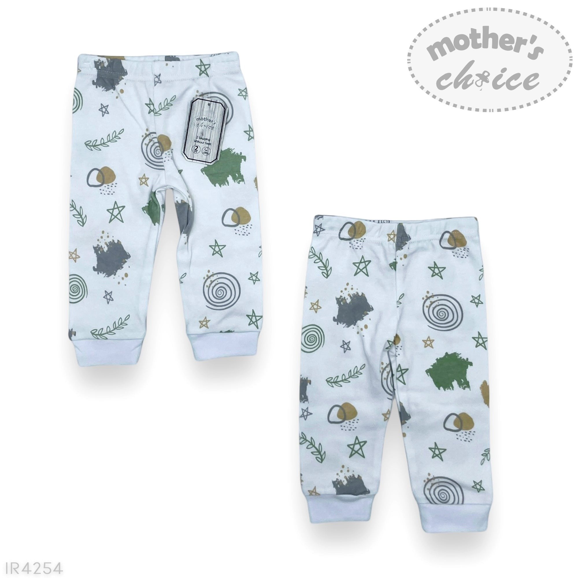 Pair of baby pants with nature-themed print on a white background, featuring 'Mother's Choice' branding.
