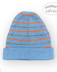 Blue knit beanie with orange and gray stripes on a white background, featuring 'mother's choice' branding.