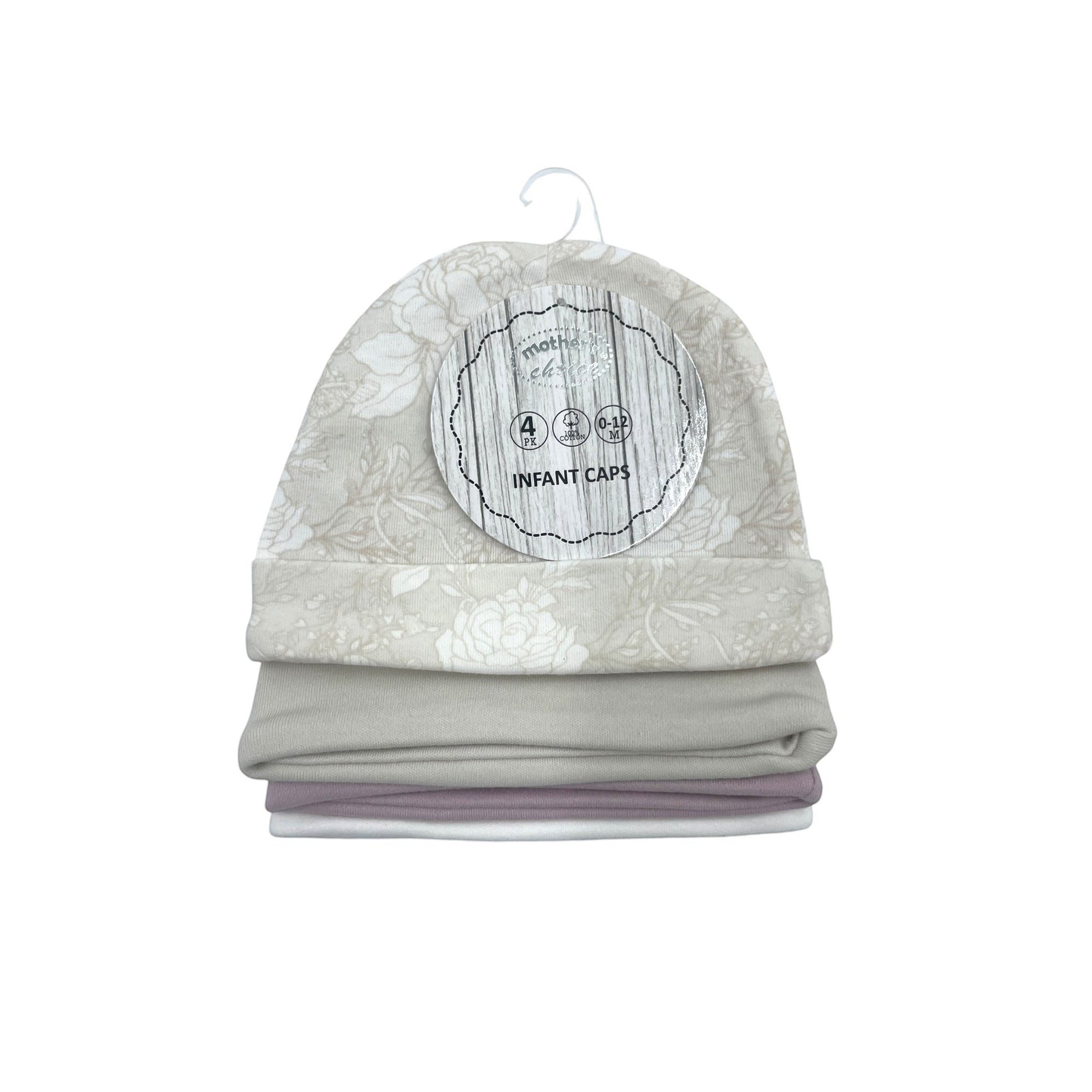 Gray floral-patterned baby cap on a white background with a label.