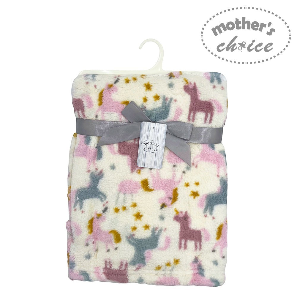 Flannel blanket with unicorn pattern and 'Mother's Choice' tag on a white background
